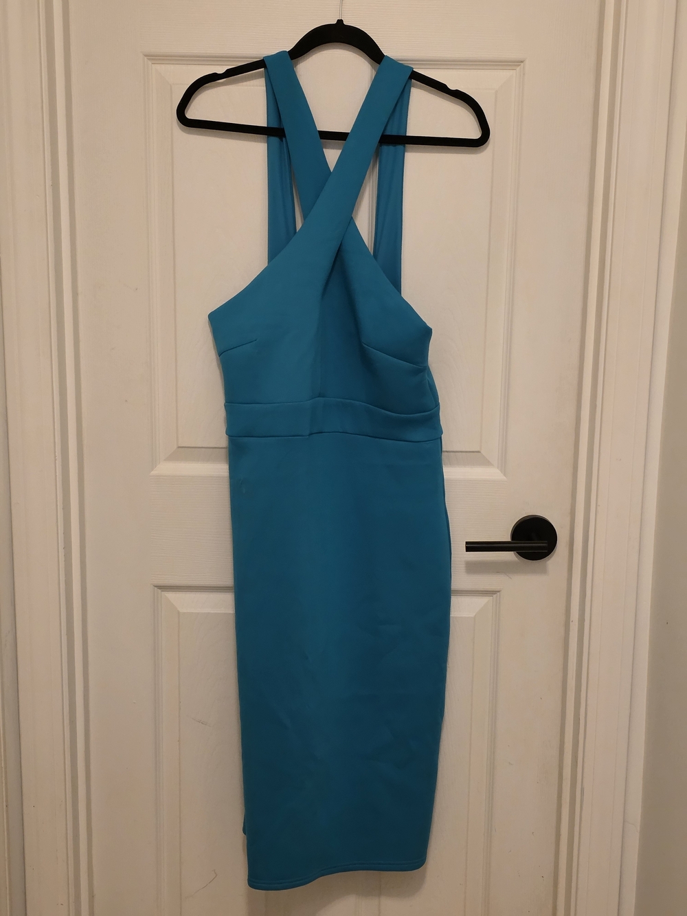 VENUS Teal Cross-Back Midi Sheath Dress